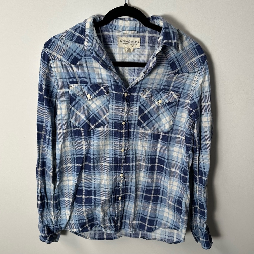 RL DENIM & SUPPLY women's blue white plaid snap button down flannel shirt, S.